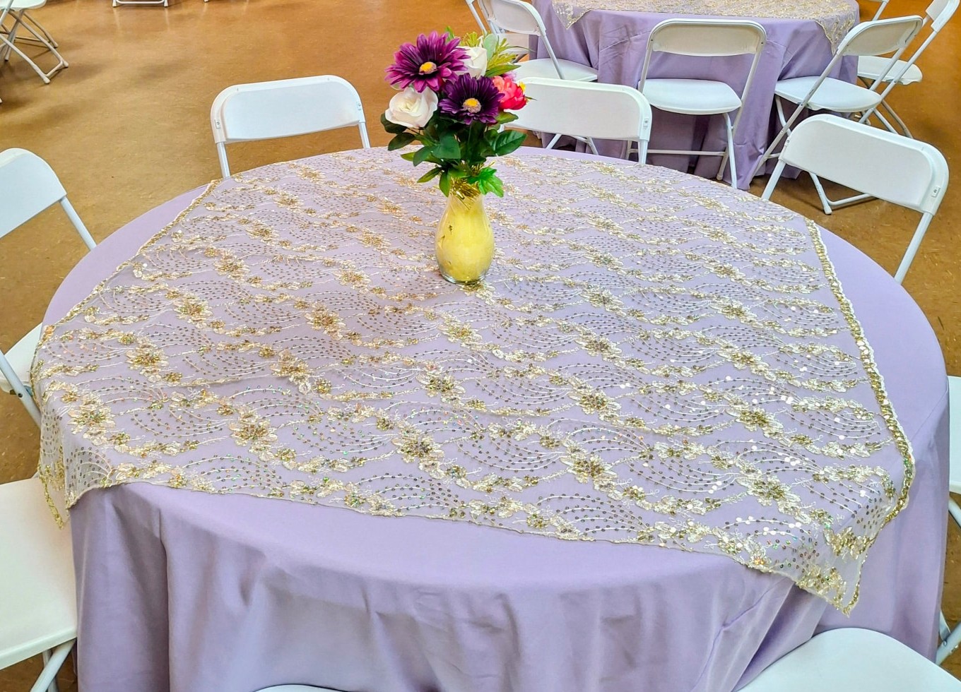 Lavender table cloth with sequin overlay